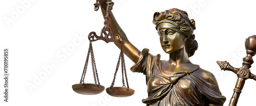 Closeup of the bronze statue of Themis  goddess of justice holding the scales of law and a sword  isolated on white background with copy space. Generative Ai.