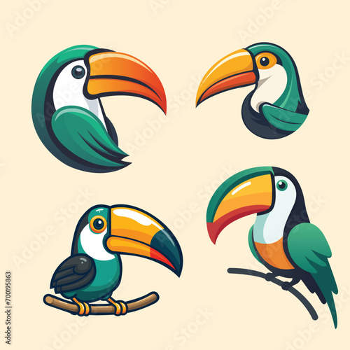 Set of cute toucans. Cartoon style. Vector illustration.