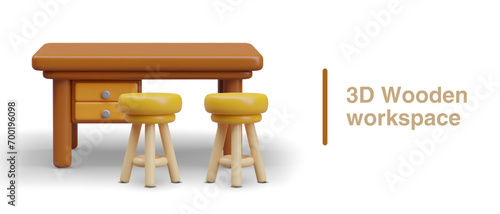 Concept of wooden workplace. Realistic table with storage compartment, chairs with yellow seats near. Vector illustration in 3d style with place for text