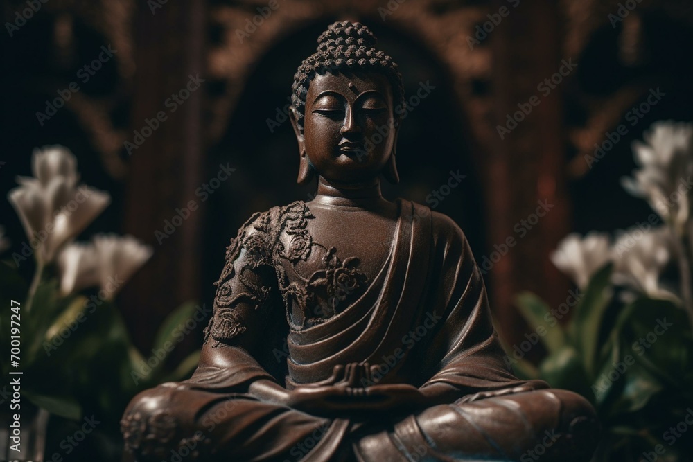A Buddha statue meditates in a lotus position. Generative AI