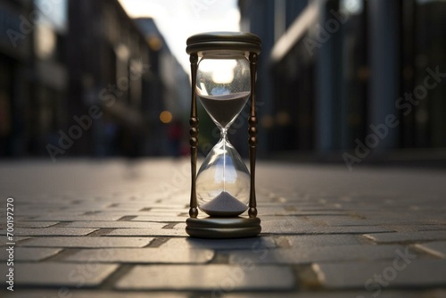 Hourglass with clock face counting seconds on the streets, representing time slipping away. Generative AI photo