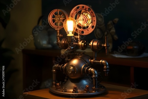 steampunk lamp light on on the table