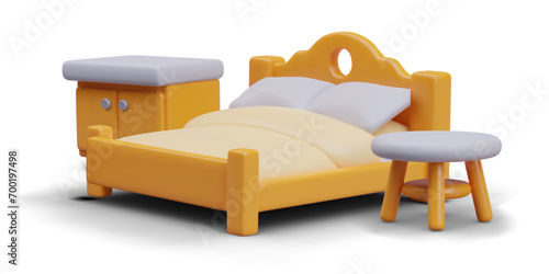 Large double bed with shaped headboard, bedside table, round coffee table. Cute vector composition in cartoon style. Advertising poster for furniture store, interior designer