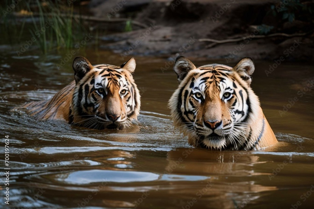 Tigers swimming in the water. Generative AI