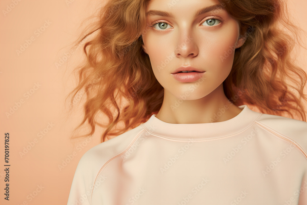 close up detail of a woman wearing sweatshirt and joggers in pastel peach color close up detail of a woman wearing sweatshirt and joggers in pastel peach color