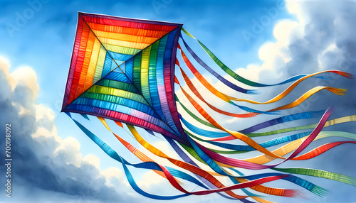 Watercolor illustration of a colorful kite flying in the sky. photo