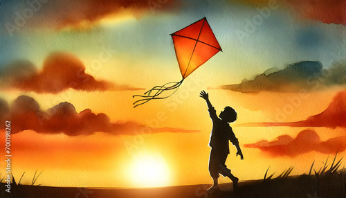 Silhouette of a child playing with a kite.