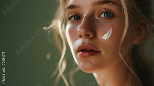 Close-up beauty shot featuring the face of a young blond woman with a small drop of cream on her skin. Promotional image for a cream emphasizing good skin health. Green background.