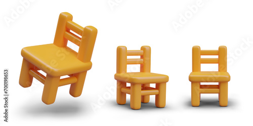 Wooden chair with back. Front, side, top view. Colored furniture made of natural material. Cute children chairs. Vector 3D illustration in cartoon style