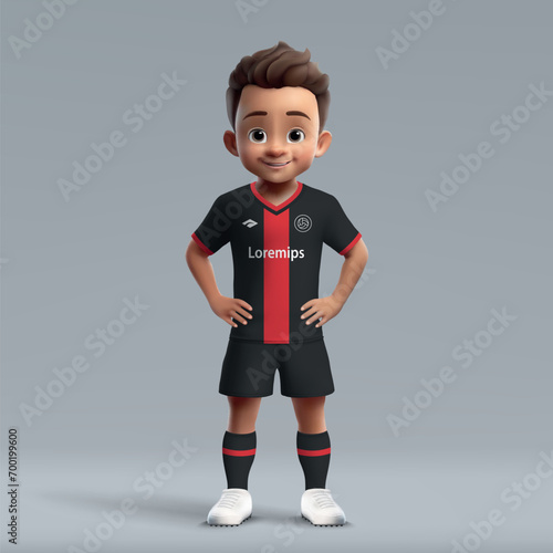 3d cartoon cute young soccer player in Bayer Leverkusen football uniform.