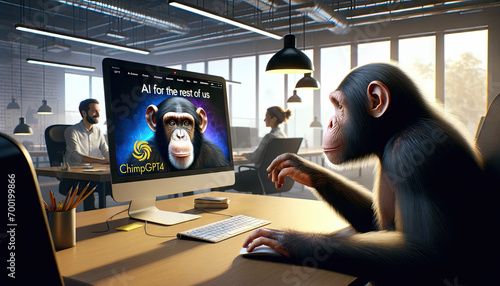 A chimpanzee sits at a computer screen on which he has called up an AI program specially designed for non-nerds; satirical illustration that makes fun of AI specialists photo
