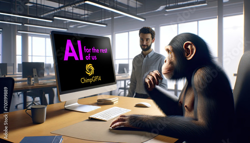 A chimpanzee sits at a computer screen on which he has called up an AI program specially designed for non-nerds; satirical illustration that makes fun of AI specialists photo