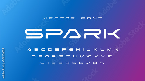 Spark Futuristic font alphabet letters. Creative minimalist typographic design. science technology, space logo type, headline, scifi cover photo