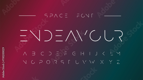 Endeavour Futuristic font alphabet letters. Creative minimalist typographic design. science technology, space logo type, headline, scifi cover photo