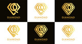 Set of diamond logos with initial letter Q. These logos combine letters and rounded diamond shapes using gold gradation colors. Suitable for diamond shops, e-commerce