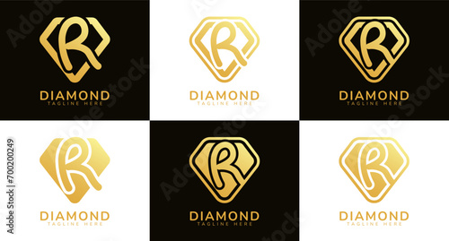 Set of diamond logos with initial letter R. These logos combine letters and rounded diamond shapes using gold gradation colors. Suitable for diamond shops, e-commerce
