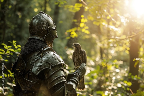Medieval knight with a falcon on his arm, standing in a lush forest, sunlight peeking through.