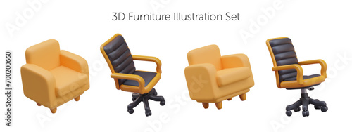 3d furniture set with yellow armchair and office chair in different positions. Placard with home and office furniture on white background. Vector illustration in 3d style