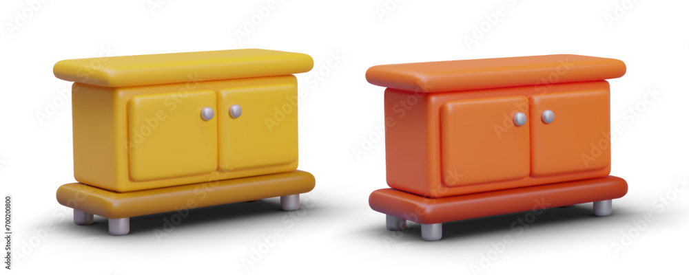 Set of bedside tables of different colors. Bedroom furniture. Bedside table with empty table top. Wooden furniture for storing linen. 3D illustration with shadows Set of bedside tables of different colors. Bedroom furniture. Bedside table with empty table top. Wooden furniture for storing linen. 3D illustration with shadows