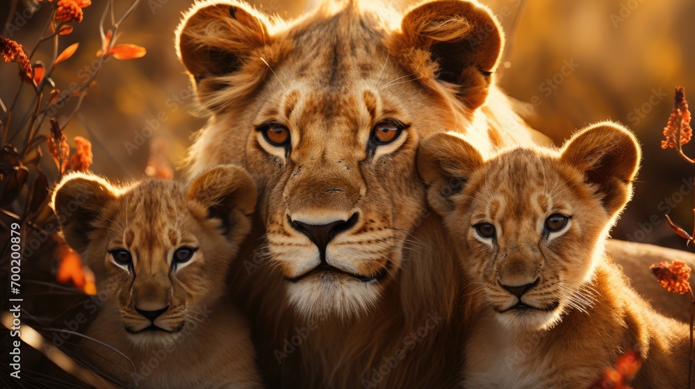 Closeup portrait of lion pride family in african savanna with adults and young Closeup portrait of lion pride family in african savanna with adults and young
