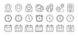 Time, date and address concept editable stroke outline icons set isolated on white background flat vector illustration. Pixel perfect. 64 x 64.
