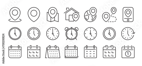 Time, date and address concept editable stroke outline icons set isolated on white background flat vector illustration. Pixel perfect. 64 x 64.