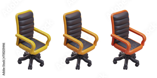 Realistic swivel chair in yellow, orange, and red colors. Professional chairs for offices. Comfortable armchairs for long-sitting work. Vector illustration in 3d style