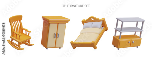 Furniture set for home in yellow colors. Realistic rocking chair, closet, big bed for comfortable sleeping and wardrobe. Vector illustration in 3d style
