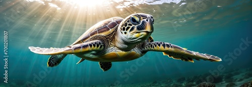 sea turtle swims underwater under the rays of the sun © i-element