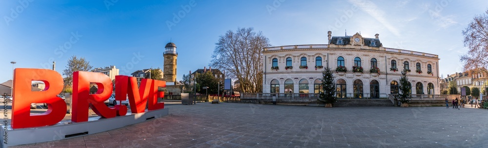 Panoramic view of the square with the municipal theater and the tourist office of Brive la Gaillarde, in Corrèze, New Aquitaine, France