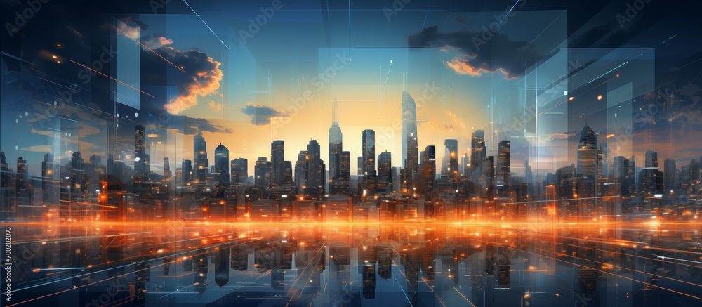 Abstract background with cityscape with skyscrapers and reflections