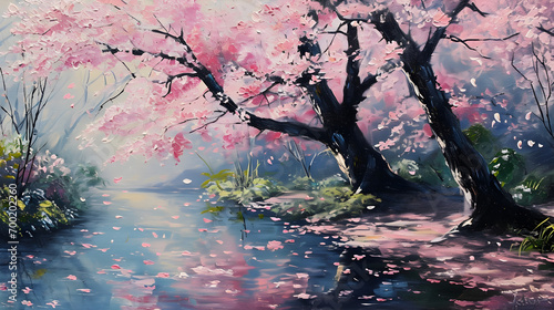 Cherry Blossom oil painting in spring next to calm river - 3d wallpaper - Generative Ai