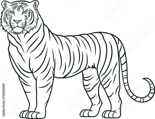 black and white outline illustration of the walking tiger. AI generated illustration.