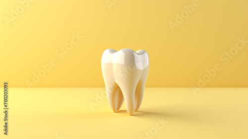 Dental model of premolar tooth on yellow background. Concept of dental examination teeth, dental health and hygiene photo
