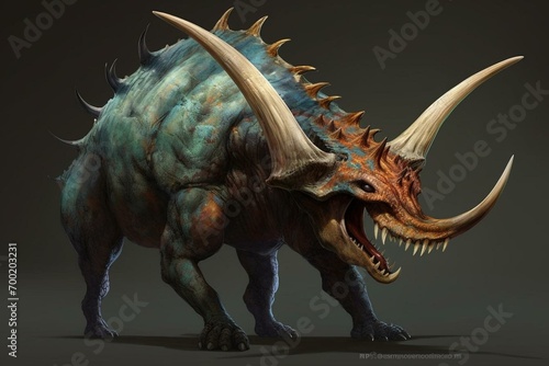 Large herbivorous dinosaur with a skull sporting massive horns and a long frill. Generative AI photo