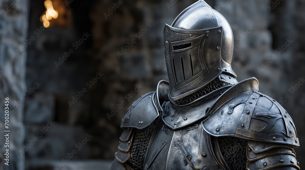 Knight in Shining Armor Standing Guard, Medieval Helmet and Steel Fortifications Depicting History and Chivalry