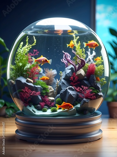 A photograph of a round aquarium with fish and algae in it