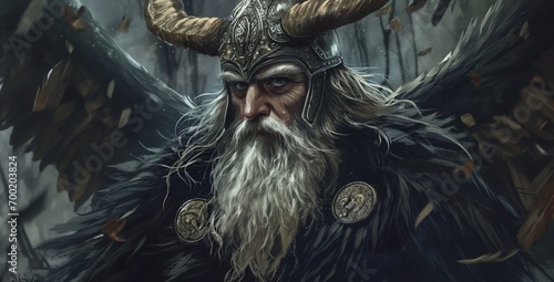 Mythological Viking Odin, Bearded Warrior with Feathered Horns, Emblematic of Norse Legend and Chiefly Wisdom photo
