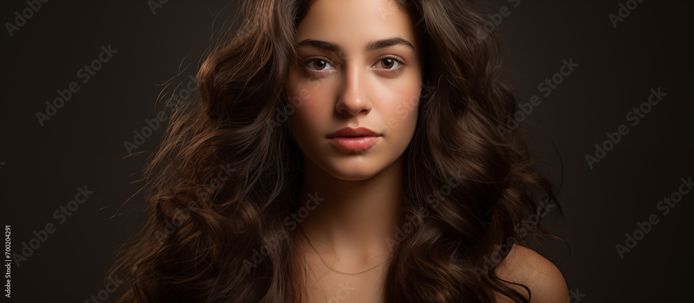 Fototapeta premium Portrait of a brunette girl with gorgeous fluffy hair