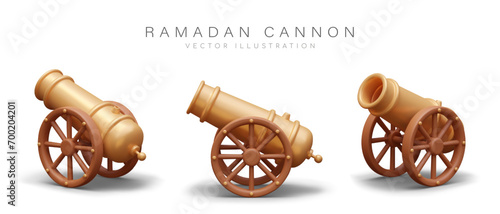 Realistic golden Ramadan weapon in different positions. Religious cannon on white background. Celebrating Ramadan concept. Vector illustration in 3d style photo