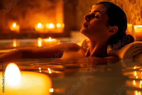 Woman relaxing in a spa bath with candles, serene and peaceful. Shallow field of view. 