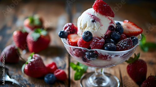 Vanilla Ice Cream with Fresh Berries Delight - Generative AI photo