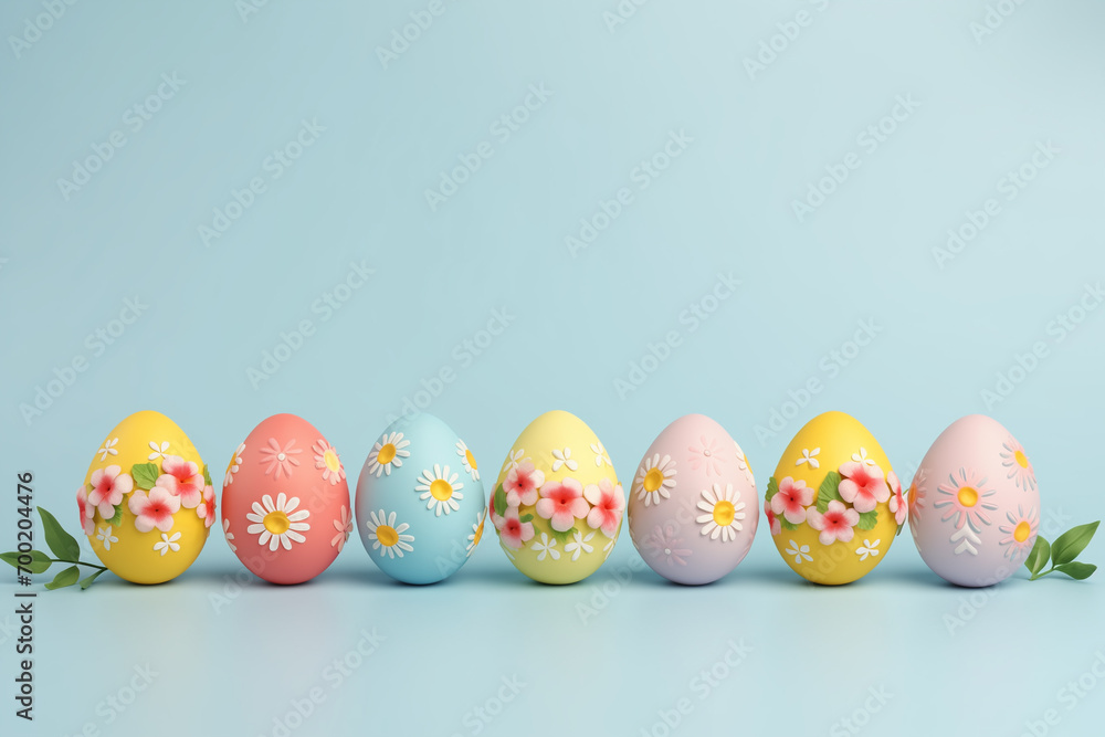 Easter colorful eggs stand on blue background. Greeting card, banner design with copy space.