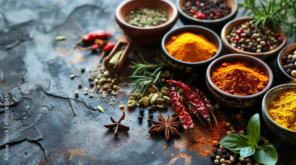 Fototapeta premium Minimalistic spices background concept image with empty space. 3D image with lighting effects from one direction.