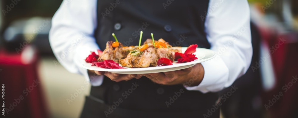 Waiter carrying plate with amazing meat dish. Catering service concept