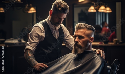 Hipster customer sitting on the chair in barber shop