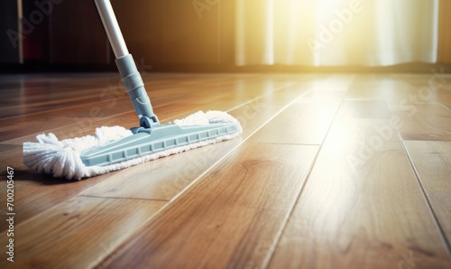 Cleaning wooden floor with mop. Household chores concept.