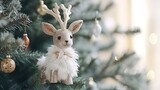 Close up Christmas or New Year white reindeer toy hanging on a decorated fir tree for holiday background