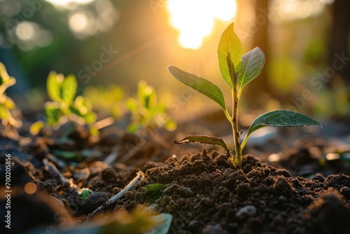 The seedling growing from the rich soil to the morning sunlight.