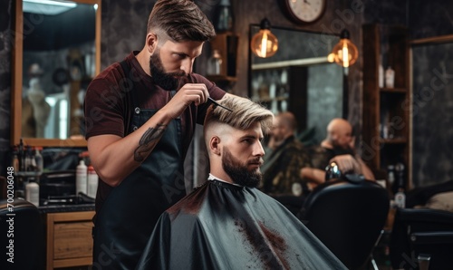 young man In a barber studio, a barber is creating fresh hairstyles for clients. --ar 5:3 --v 5.2 Job ID: 3754d64d-fbdd-4a5d-9918-c05be7559d14